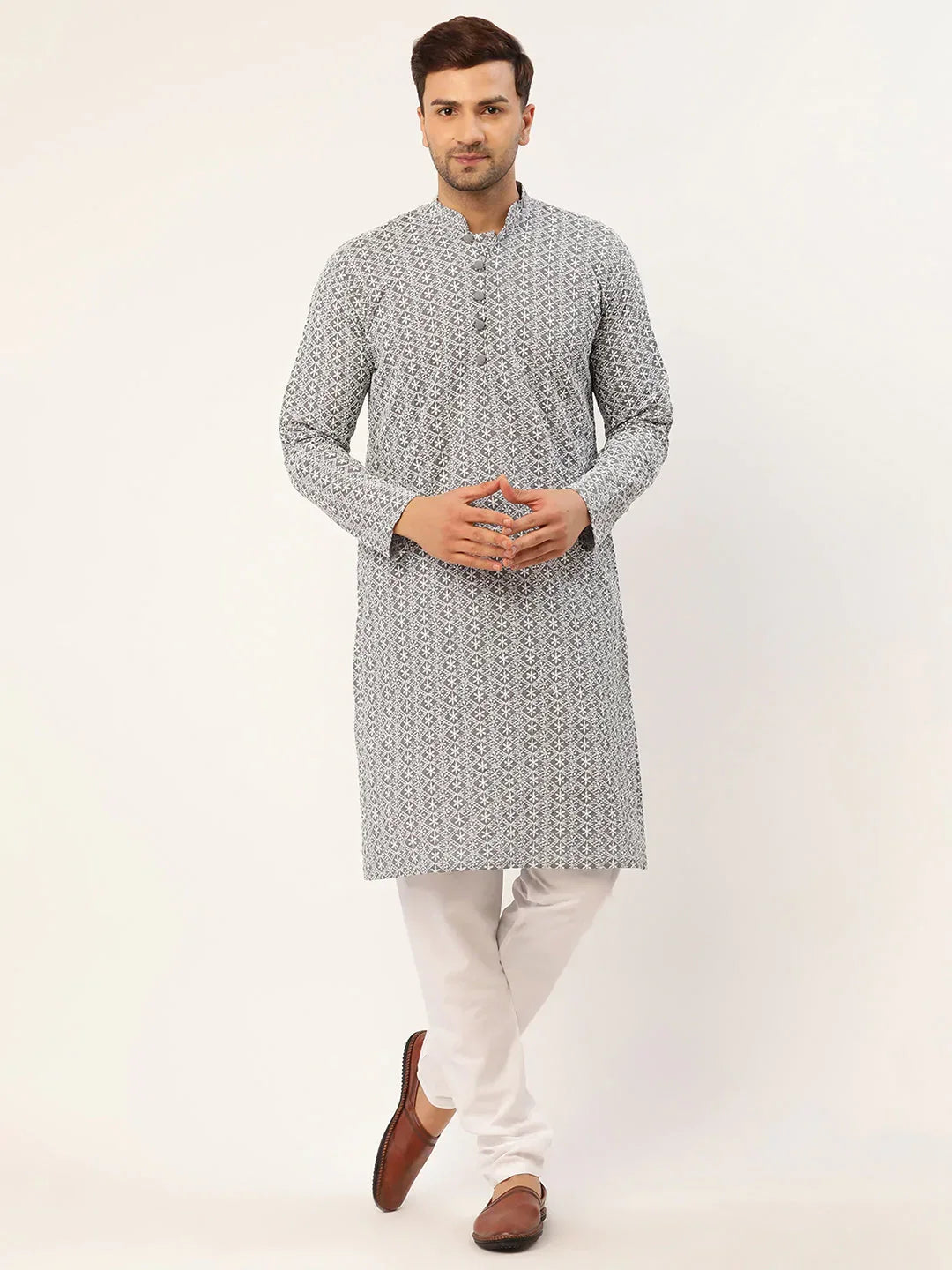 Jompers Men's Grey & White Embroidered Straight Kurta Pyjama Set | Grocsy