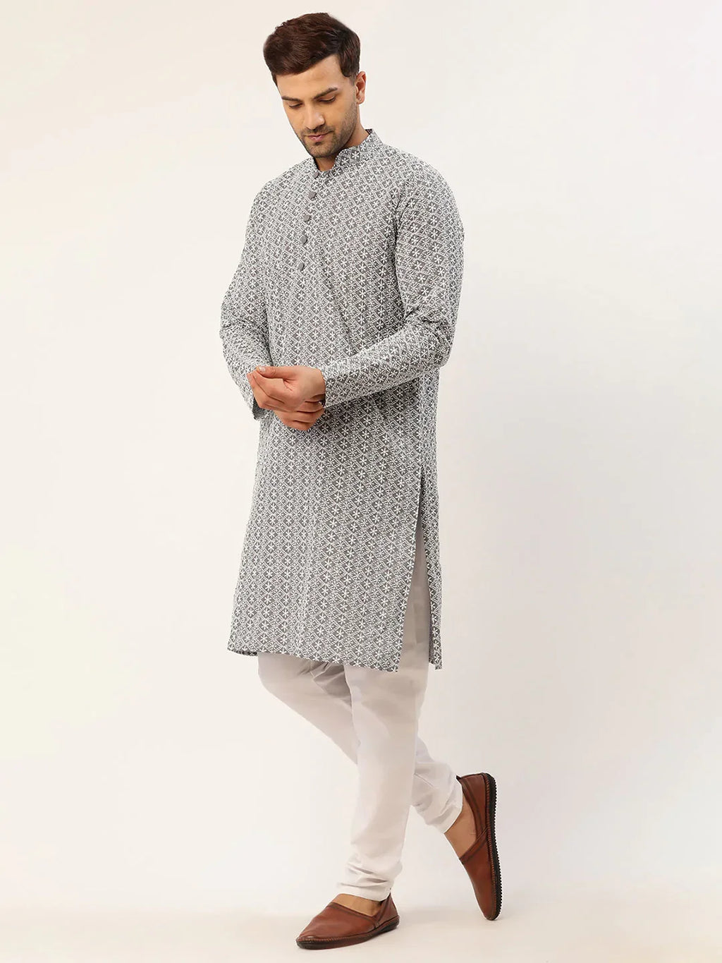 Jompers Men's Grey & White Embroidered Straight Kurta Pyjama Set | Grocsy
