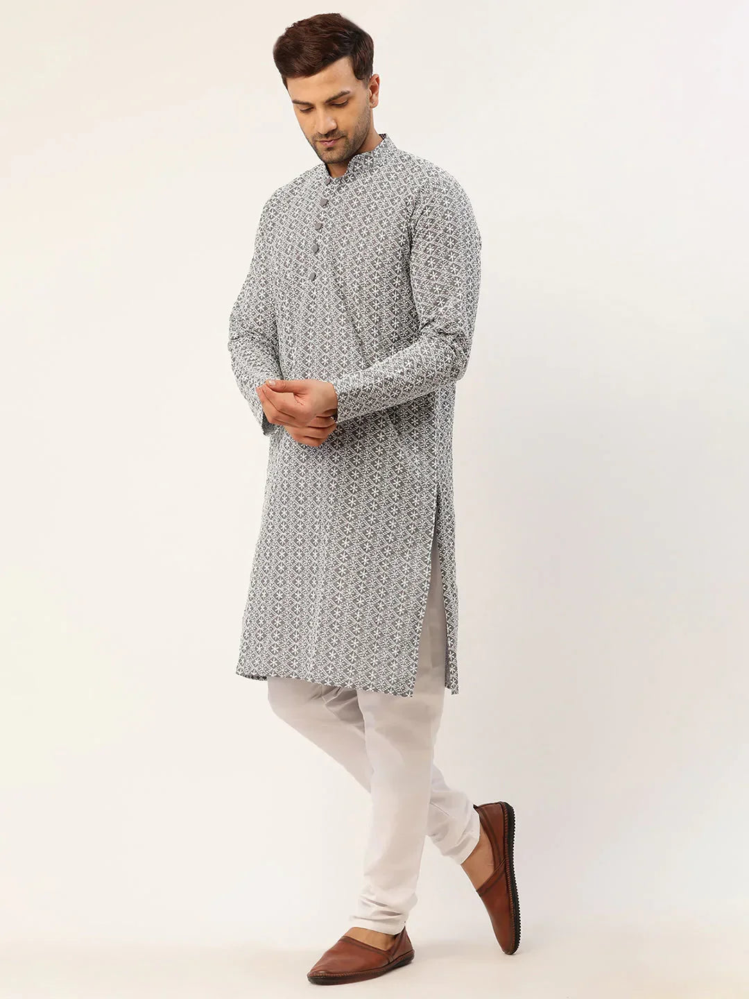 Jompers Men's Grey & White Embroidered Straight Kurta Pyjama Set | Grocsy