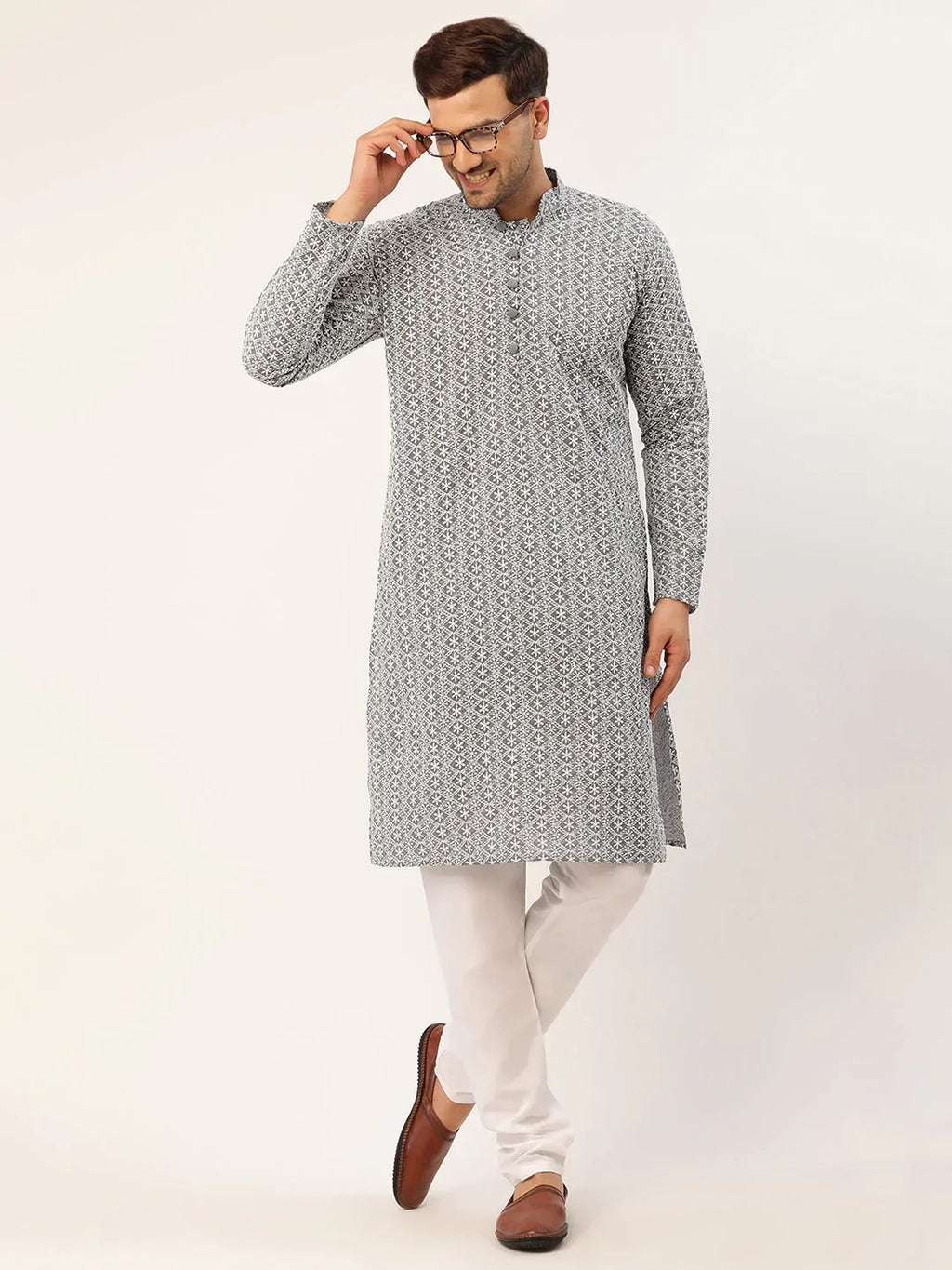Jompers Men's Grey & White Embroidered Straight Kurta Pyjama Set | Grocsy