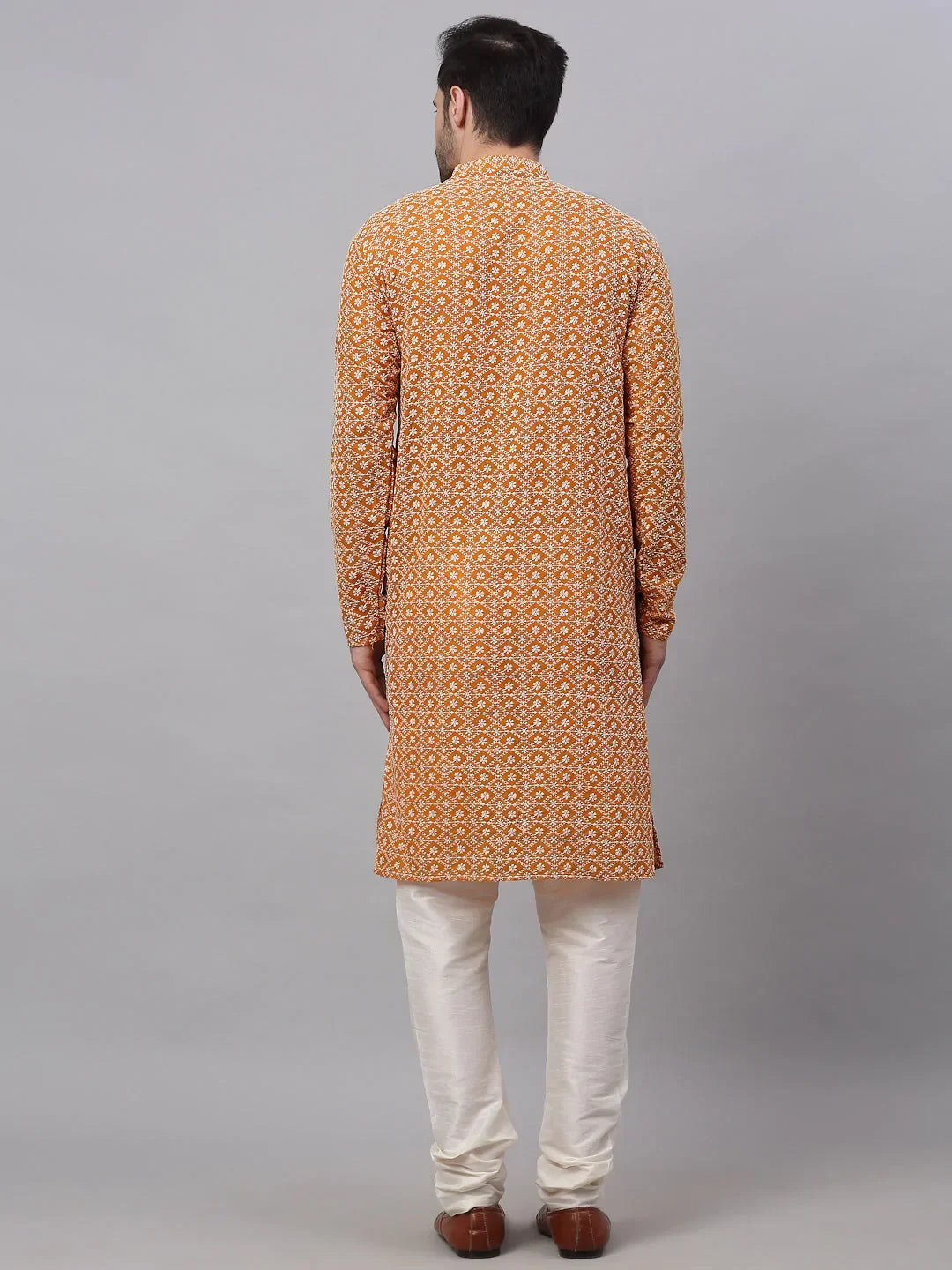 Jompers Men's Mustard & White Embroidered Straight Kurta Pyjama Set | Grocsy