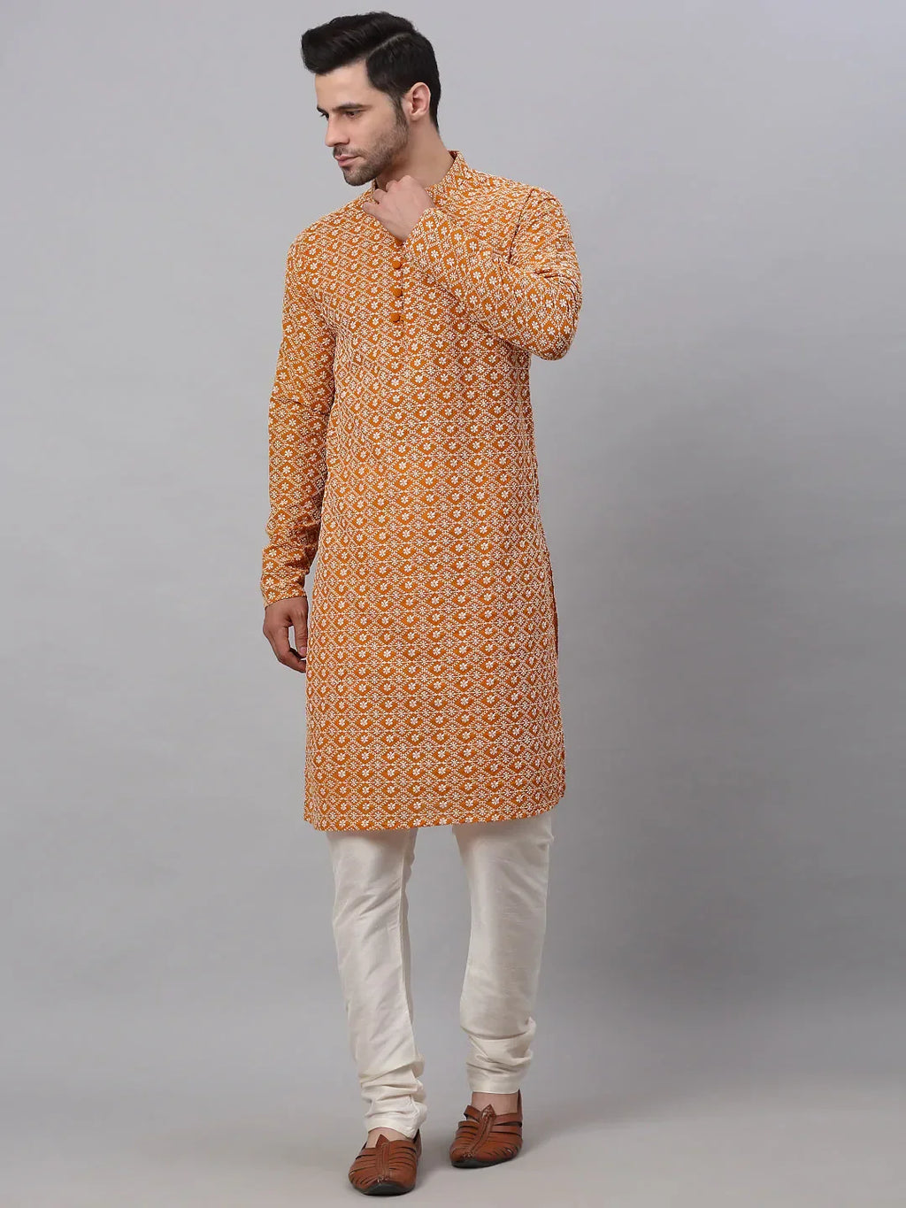 Jompers Men's Mustard & White Embroidered Straight Kurta Pyjama Set | Grocsy