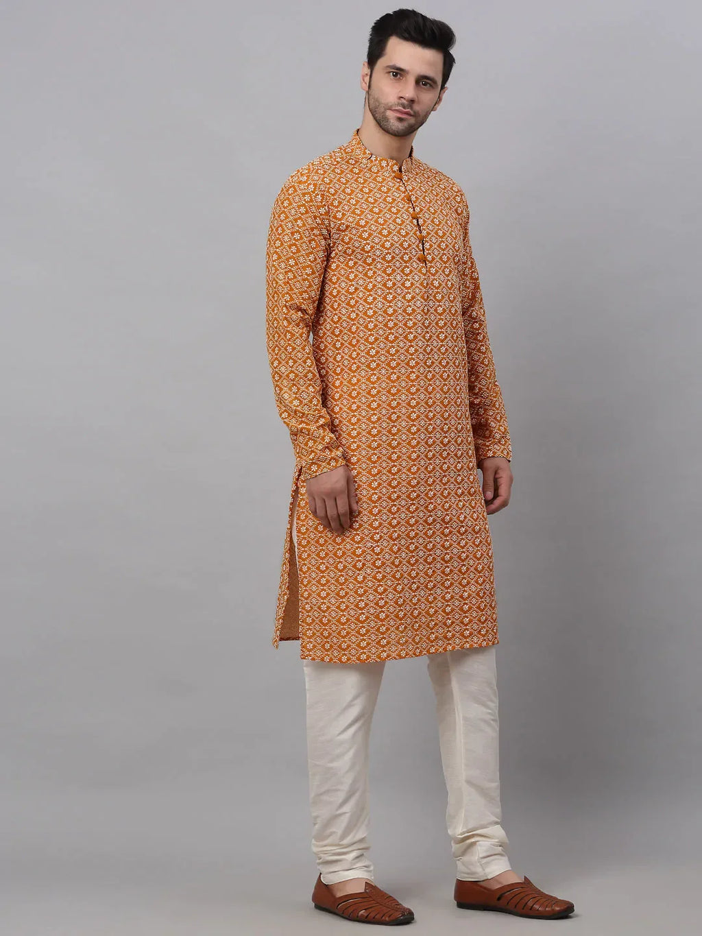 Jompers Men's Mustard & White Embroidered Straight Kurta Pyjama Set | Grocsy