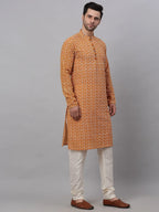 Jompers Men's Mustard & White Embroidered Straight Kurta Pyjama Set | Grocsy