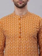 Jompers Men's Mustard & White Embroidered Straight Kurta Pyjama Set | Grocsy
