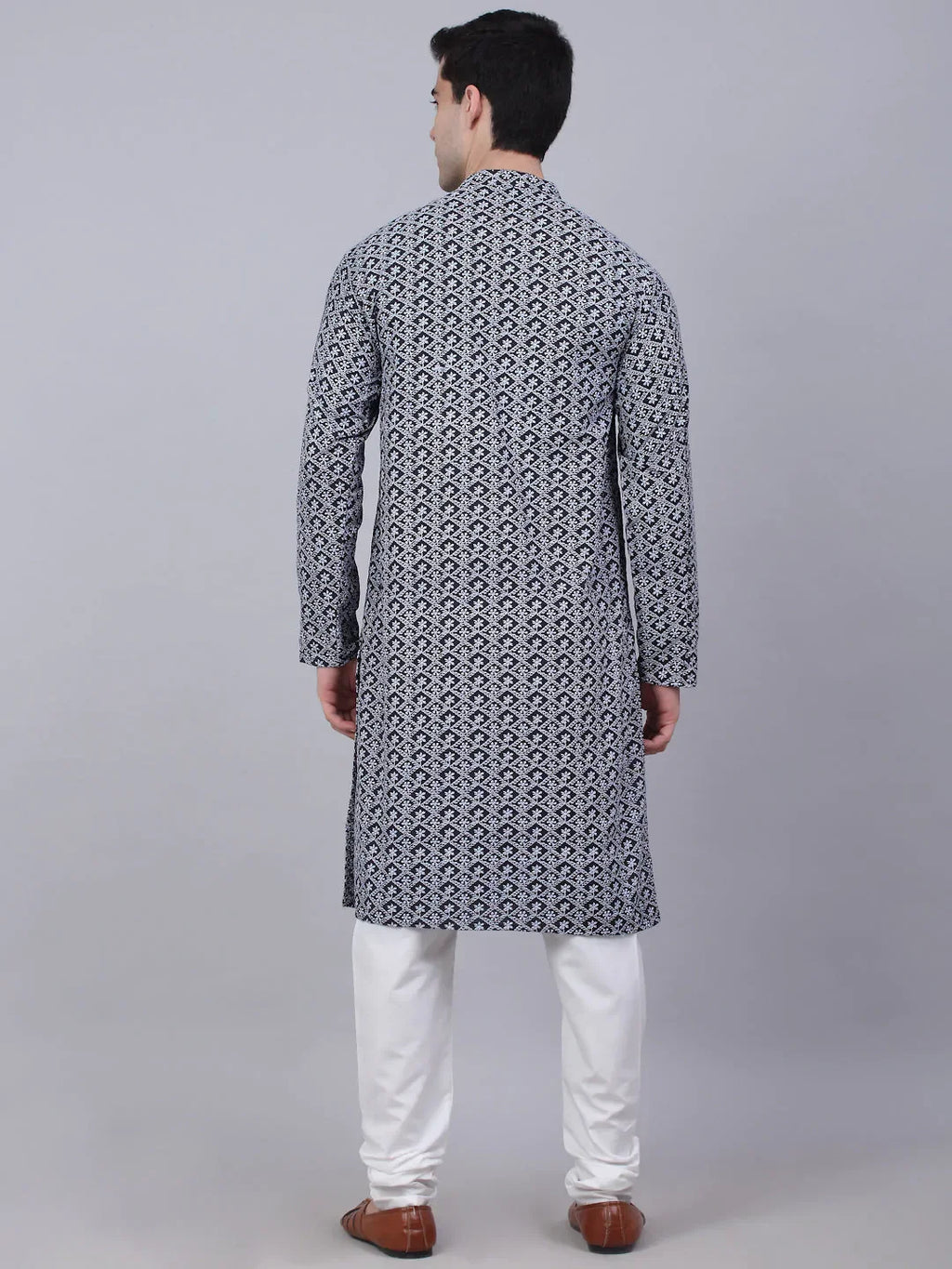 Jompers Men's Navy Blue & White embroidered Straight Kurta Pyjama Set | Grocsy