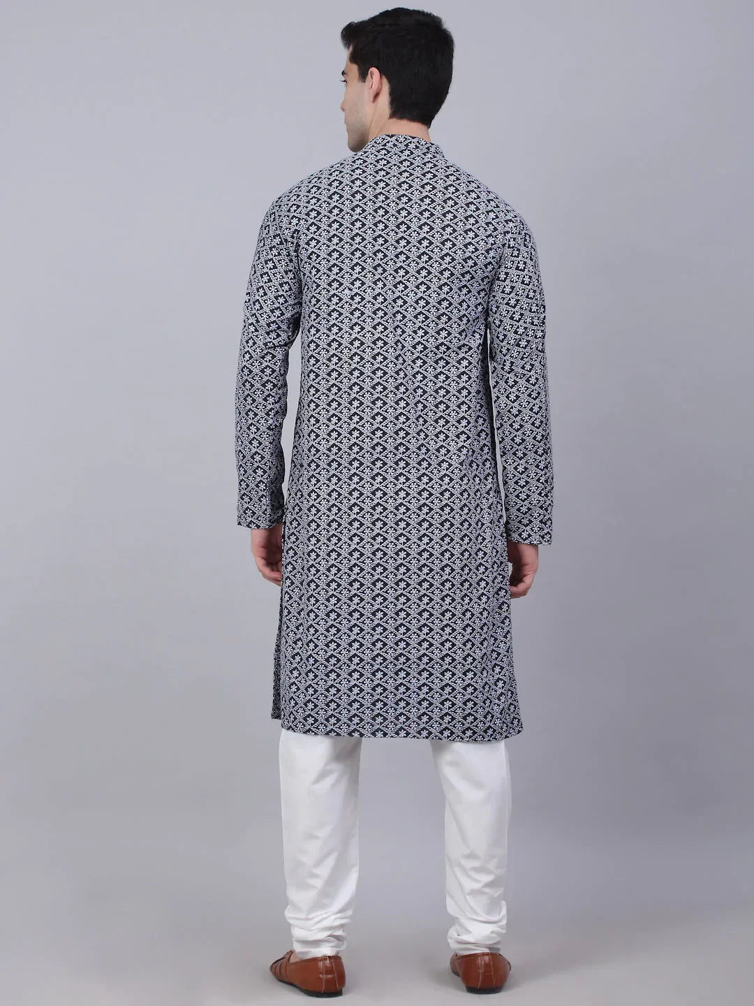 Jompers Men's Navy Blue & White embroidered Straight Kurta Pyjama Set | Grocsy