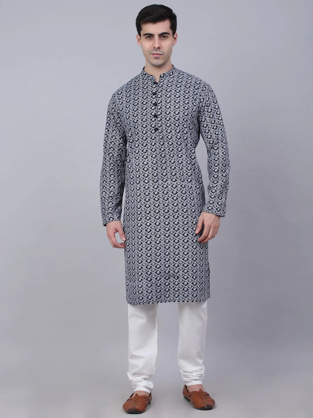 Jompers Men's Navy Blue & White embroidered Straight Kurta Pyjama Set | Grocsy