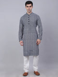 Jompers Men's Navy Blue & White embroidered Straight Kurta Pyjama Set | Grocsy