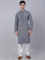 Jompers Men's Navy Blue & White embroidered Straight Kurta Pyjama Set | Grocsy