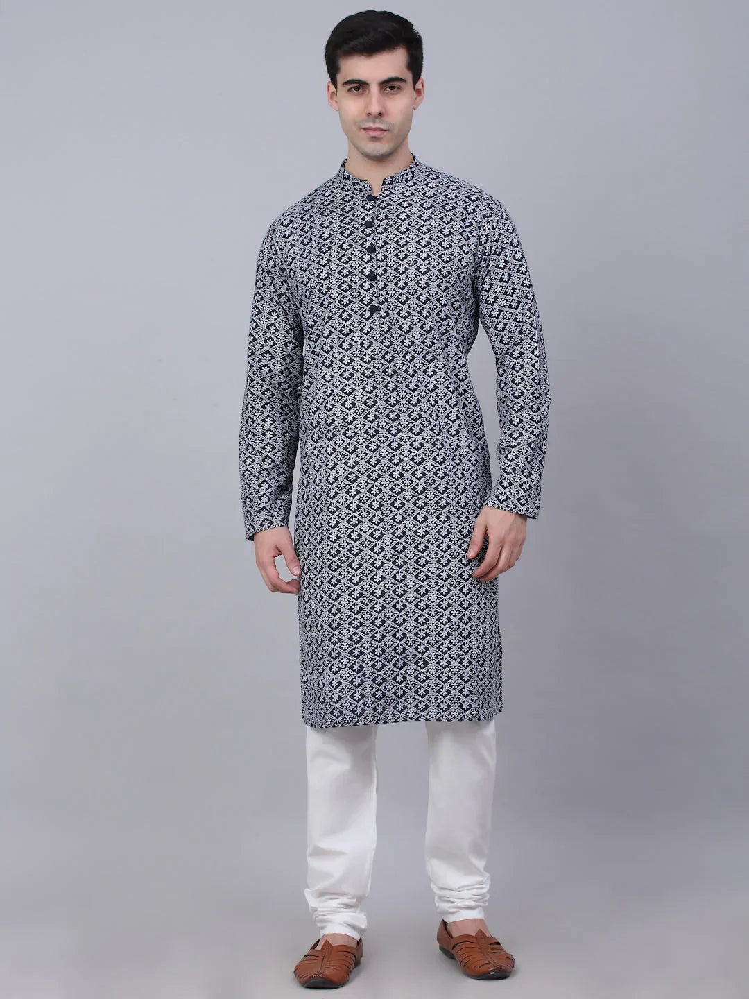 Jompers Men's Navy Blue & White embroidered Straight Kurta Pyjama Set | Grocsy
