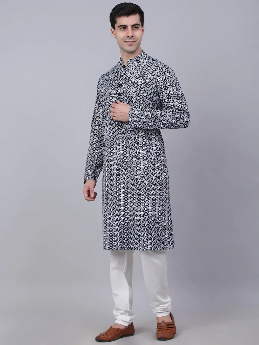 Jompers Men's Navy Blue & White embroidered Straight Kurta Pyjama Set | Grocsy