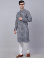 Jompers Men's Navy Blue & White embroidered Straight Kurta Pyjama Set | Grocsy
