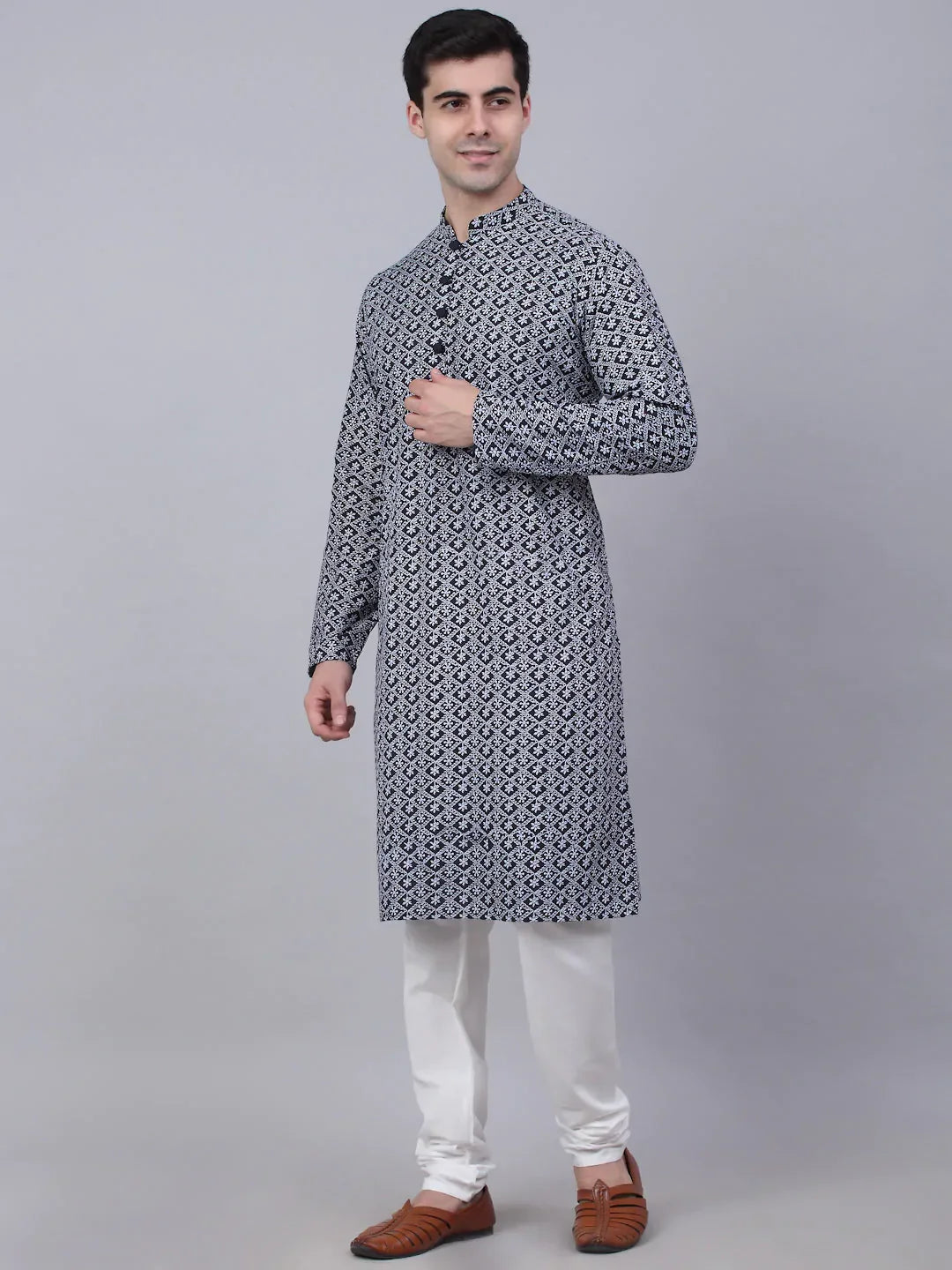 Jompers Men's Navy Blue & White embroidered Straight Kurta Pyjama Set | Grocsy