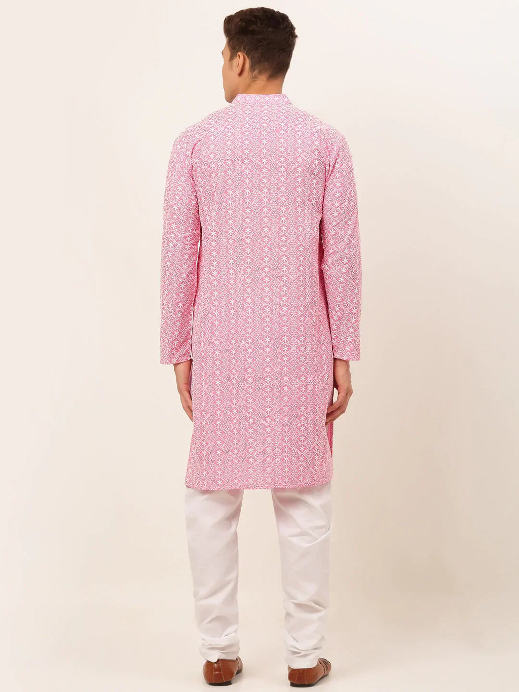 Jompers Men's Pink & White Embroidered Straight Kurta Pyjama Set | Grocsy