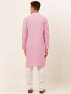 Jompers Men's Pink & White Embroidered Straight Kurta Pyjama Set | Grocsy