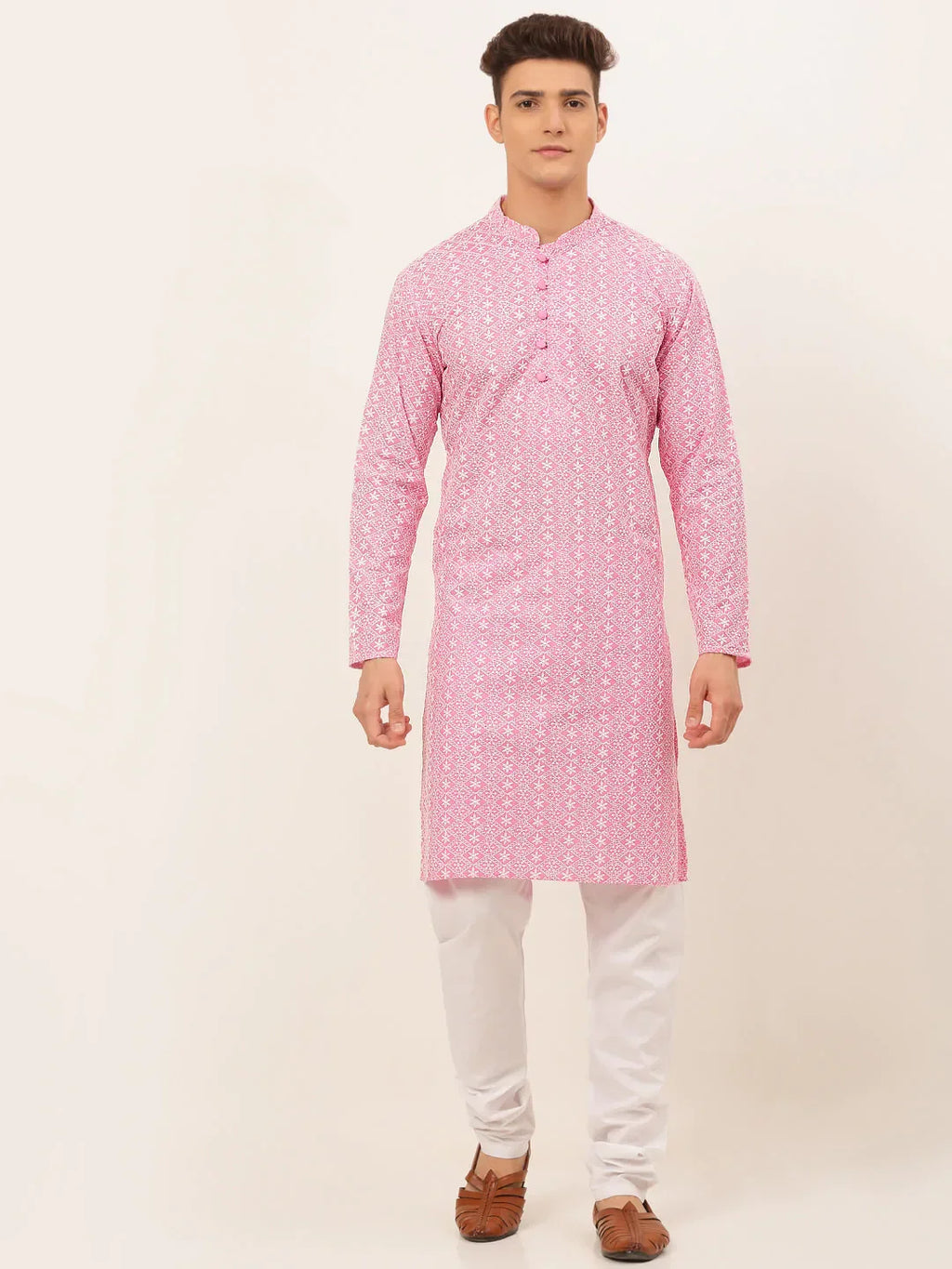 Jompers Men's Pink & White Embroidered Straight Kurta Pyjama Set | Grocsy