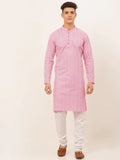 Jompers Men's Pink & White Embroidered Straight Kurta Pyjama Set | Grocsy