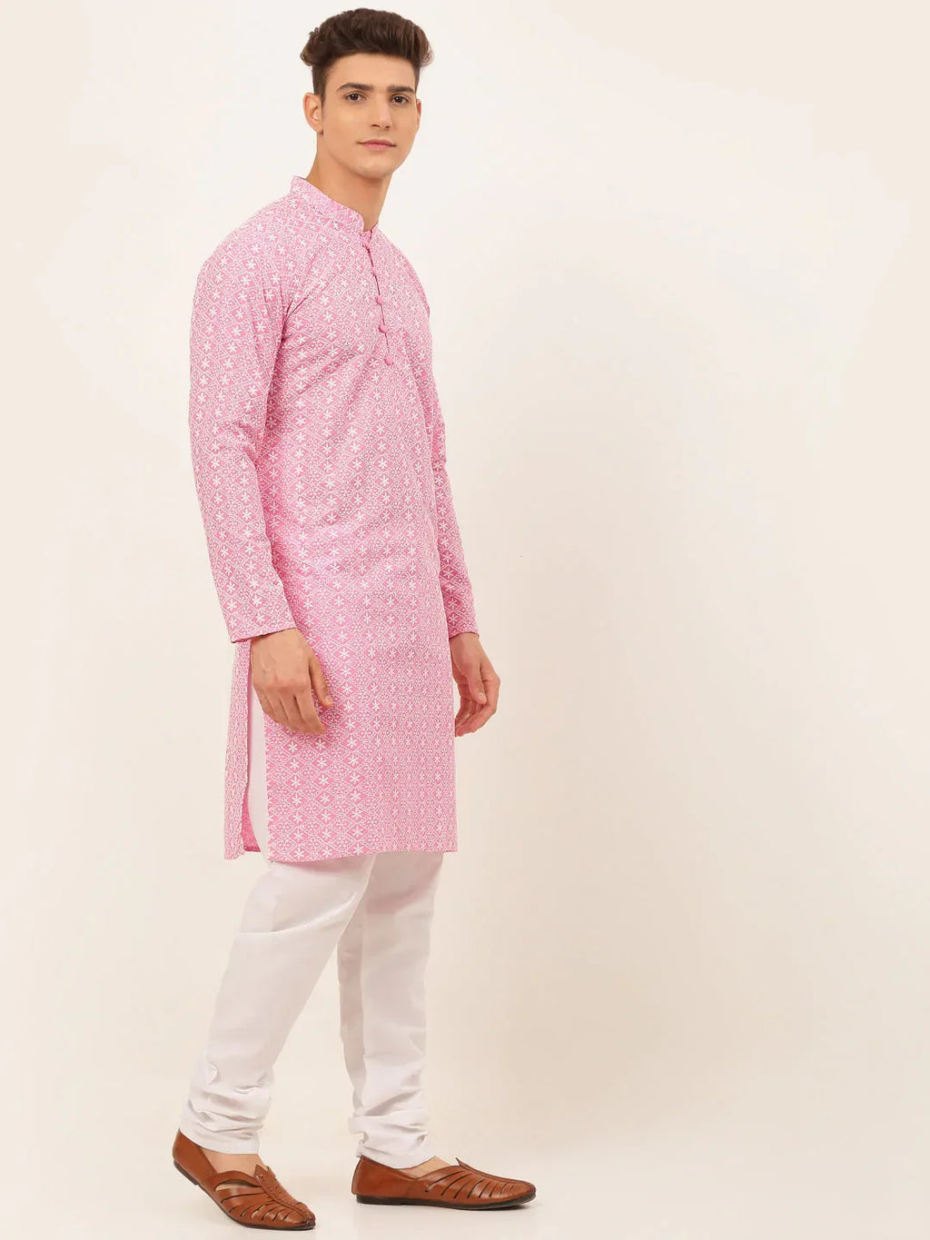 Jompers Men's Pink & White Embroidered Straight Kurta Pyjama Set | Grocsy