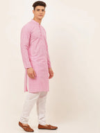 Jompers Men's Pink & White Embroidered Straight Kurta Pyjama Set | Grocsy
