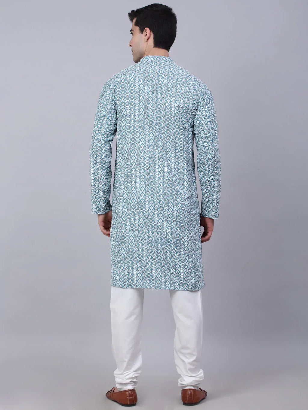 Jompers Men's Teal Blue & White embroidered Straight Kurta Pyjama Set | Grocsy