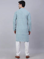 Jompers Men's Teal Blue & White embroidered Straight Kurta Pyjama Set | Grocsy