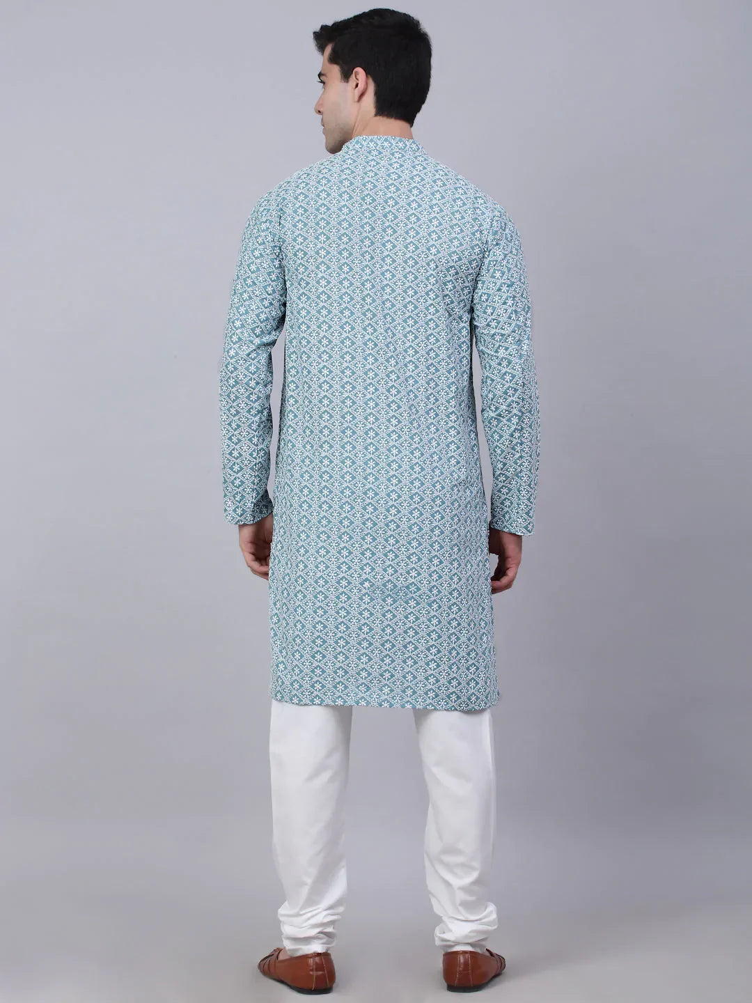 Jompers Men's Teal Blue & White embroidered Straight Kurta Pyjama Set | Grocsy