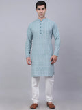 Jompers Men's Teal Blue & White embroidered Straight Kurta Pyjama Set | Grocsy