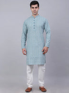Jompers Men's Teal Blue & White embroidered Straight Kurta Pyjama Set | Grocsy