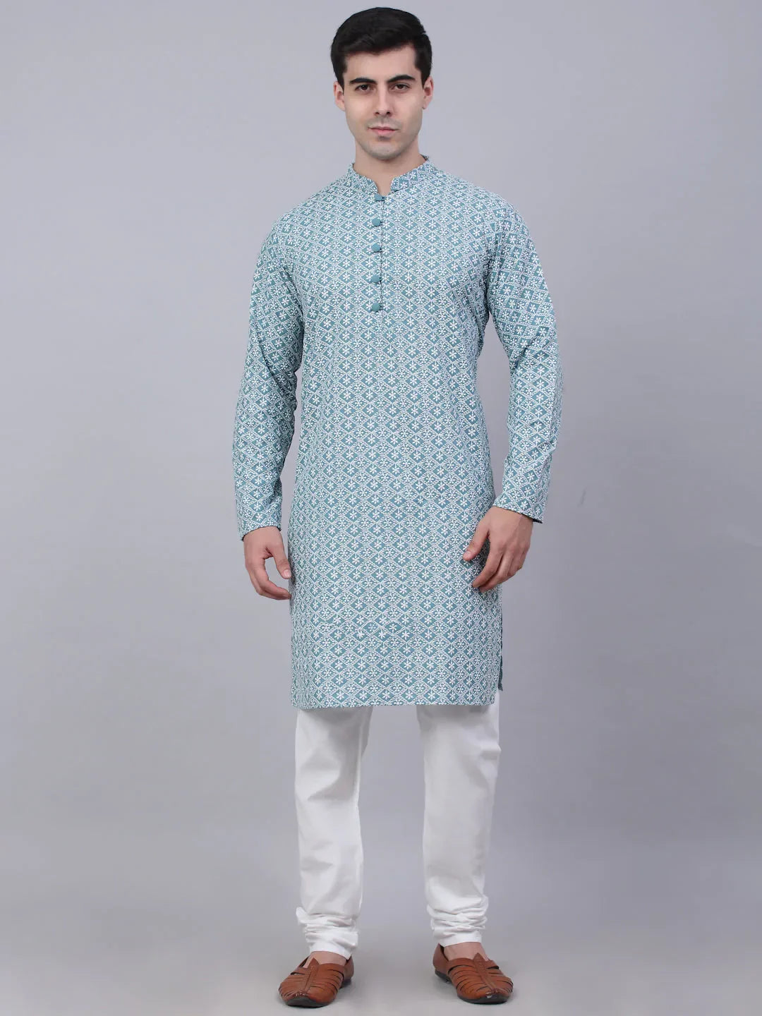 Jompers Men's Teal Blue & White embroidered Straight Kurta Pyjama Set | Grocsy