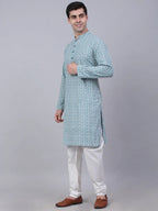 Jompers Men's Teal Blue & White embroidered Straight Kurta Pyjama Set | Grocsy