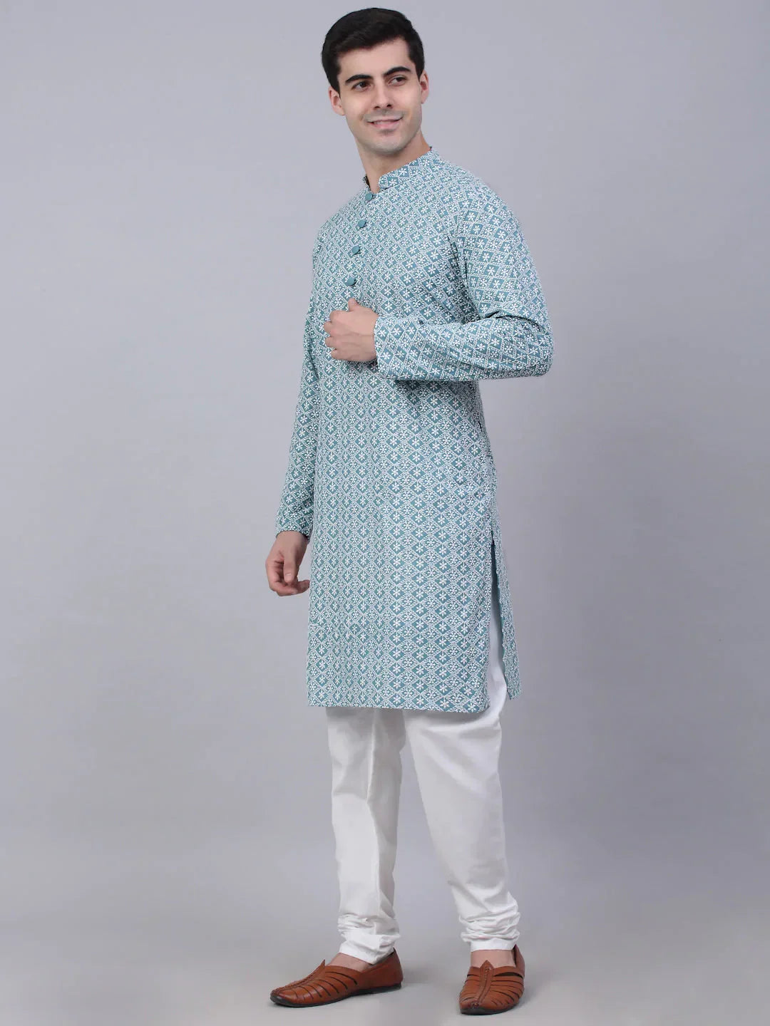 Jompers Men's Teal Blue & White embroidered Straight Kurta Pyjama Set | Grocsy