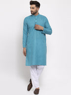Jompers Men Sky Blue Printed Kurta with Pyjamas | Grocsy