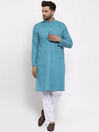 Jompers Men Sky Blue Printed Kurta Only | Grocsy