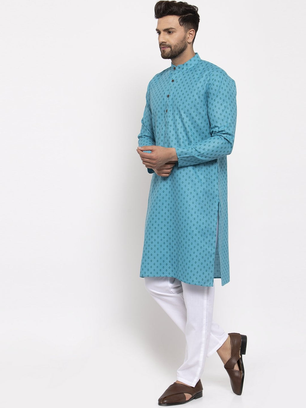 Jompers Men Sky Blue Printed Kurta Only | Grocsy