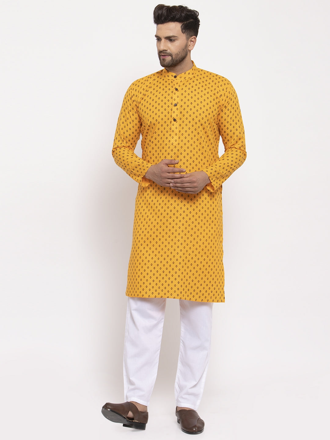 Jompers Men Yellow Printed Kurta with Pyjamas | Grocsy