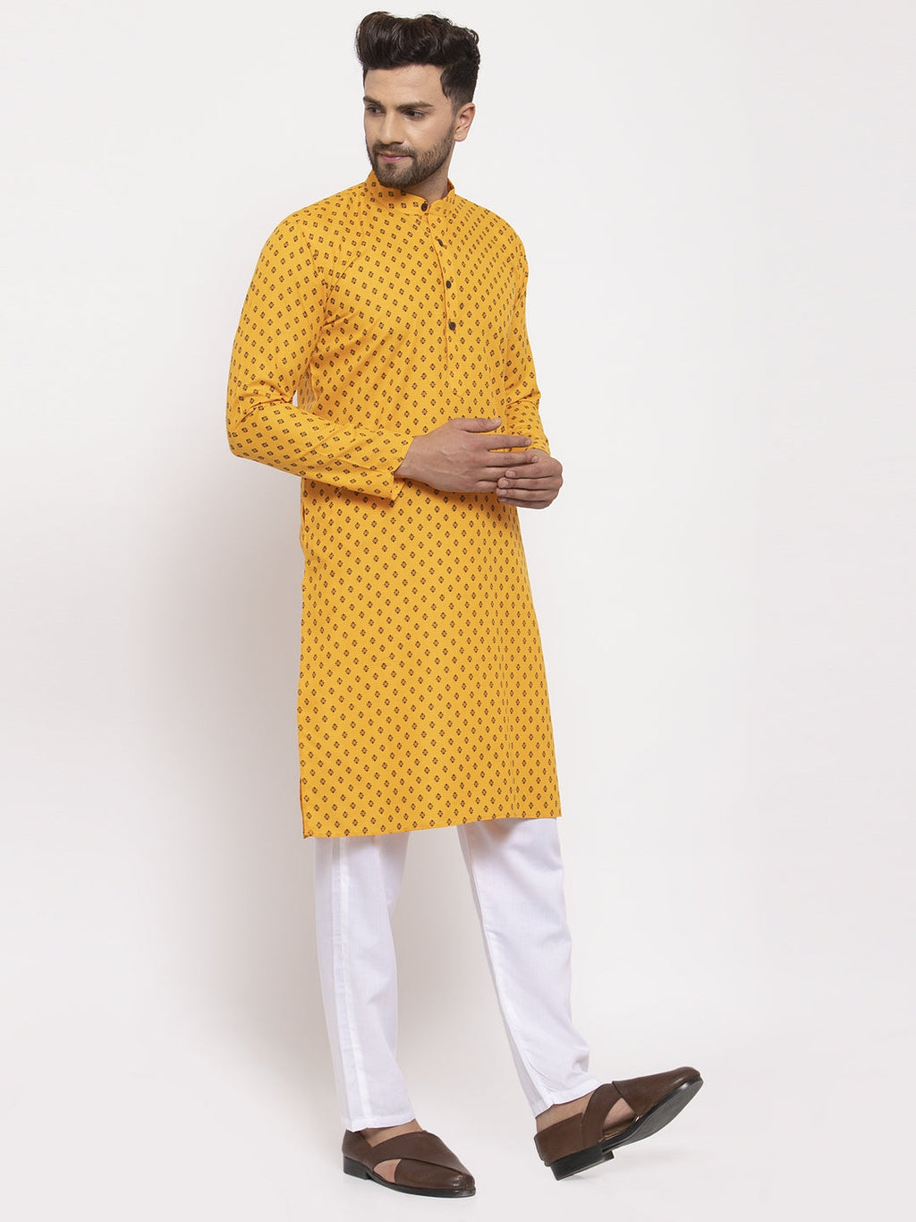 Jompers Men Yellow Printed Kurta with Pyjamas | Grocsy