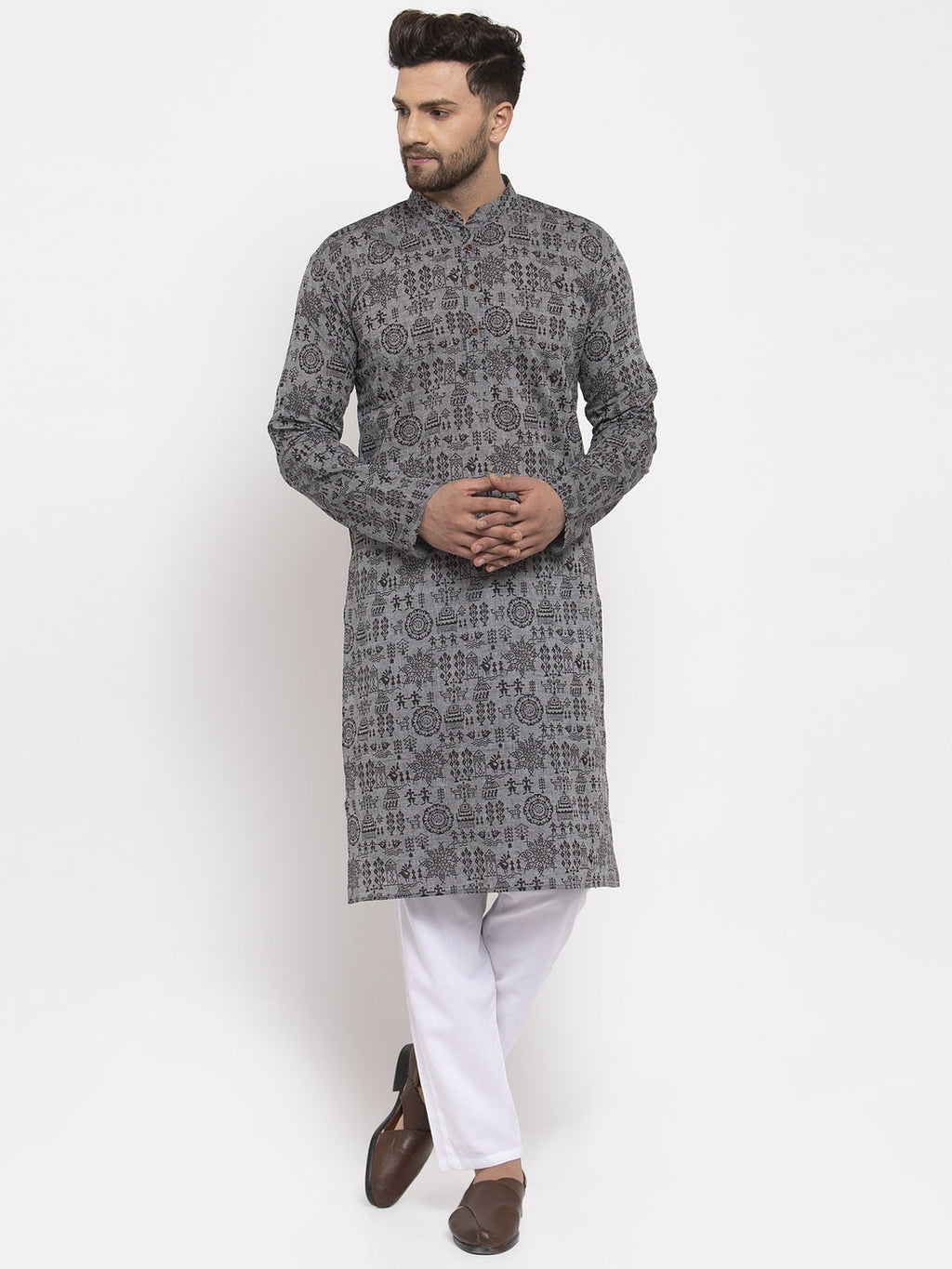 Jompers Men Grey Printed Straight Kurta | Grocsy