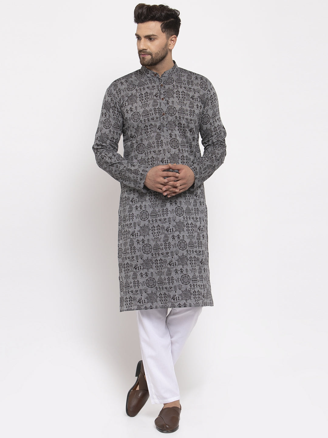 Jompers Men Grey Printed Straight Kurta | Grocsy