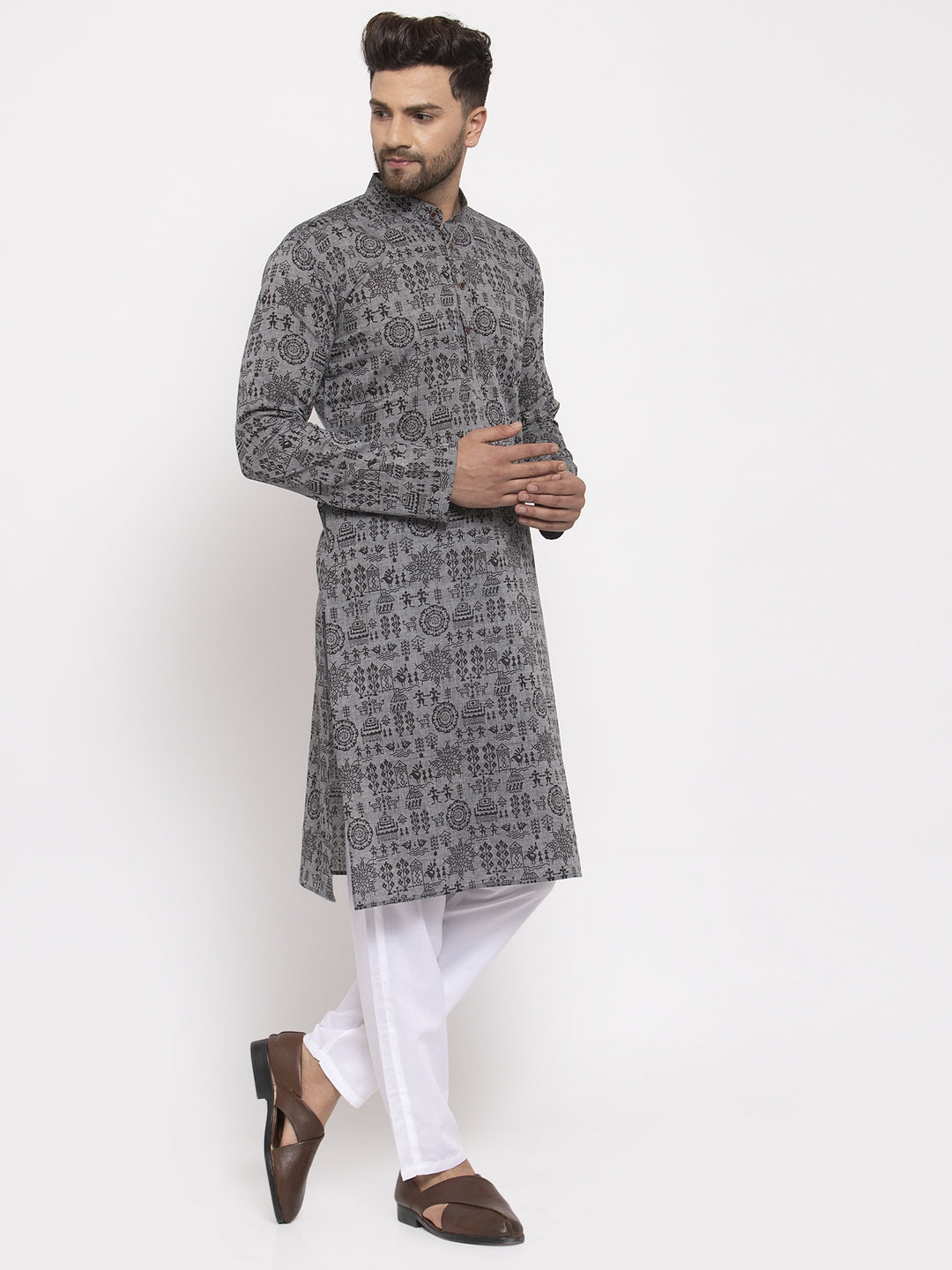 Jompers Men Grey Printed Straight Kurta | Grocsy