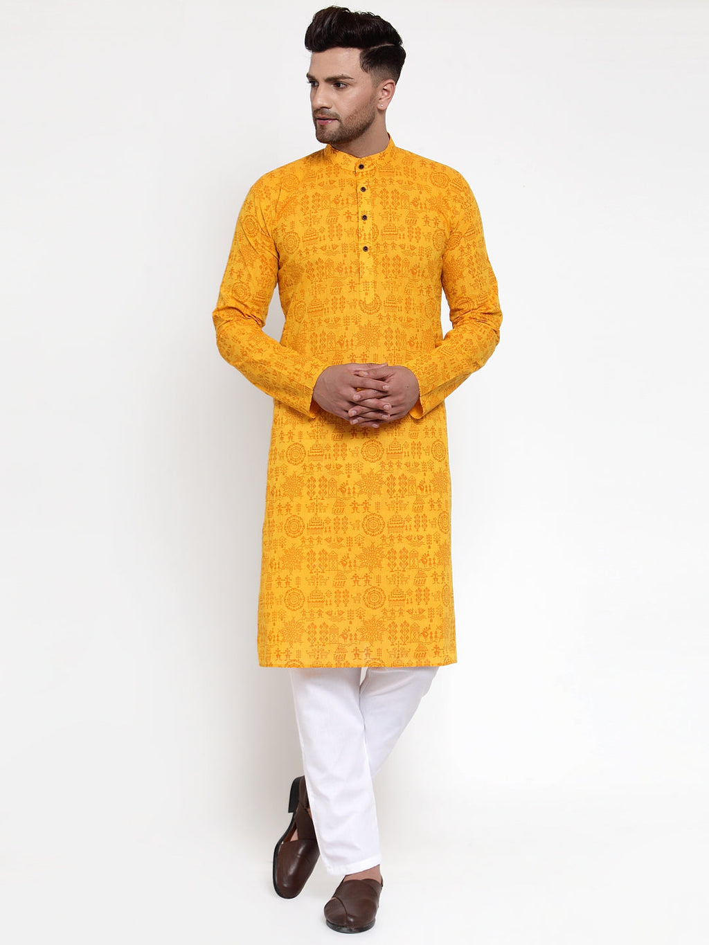 Jompers Men Mustard Printed Straight Kurta | Grocsy