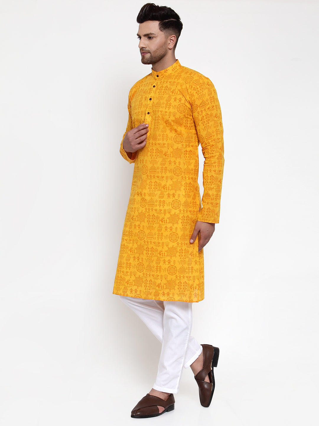 Jompers Men Mustard Printed Straight Kurta | Grocsy
