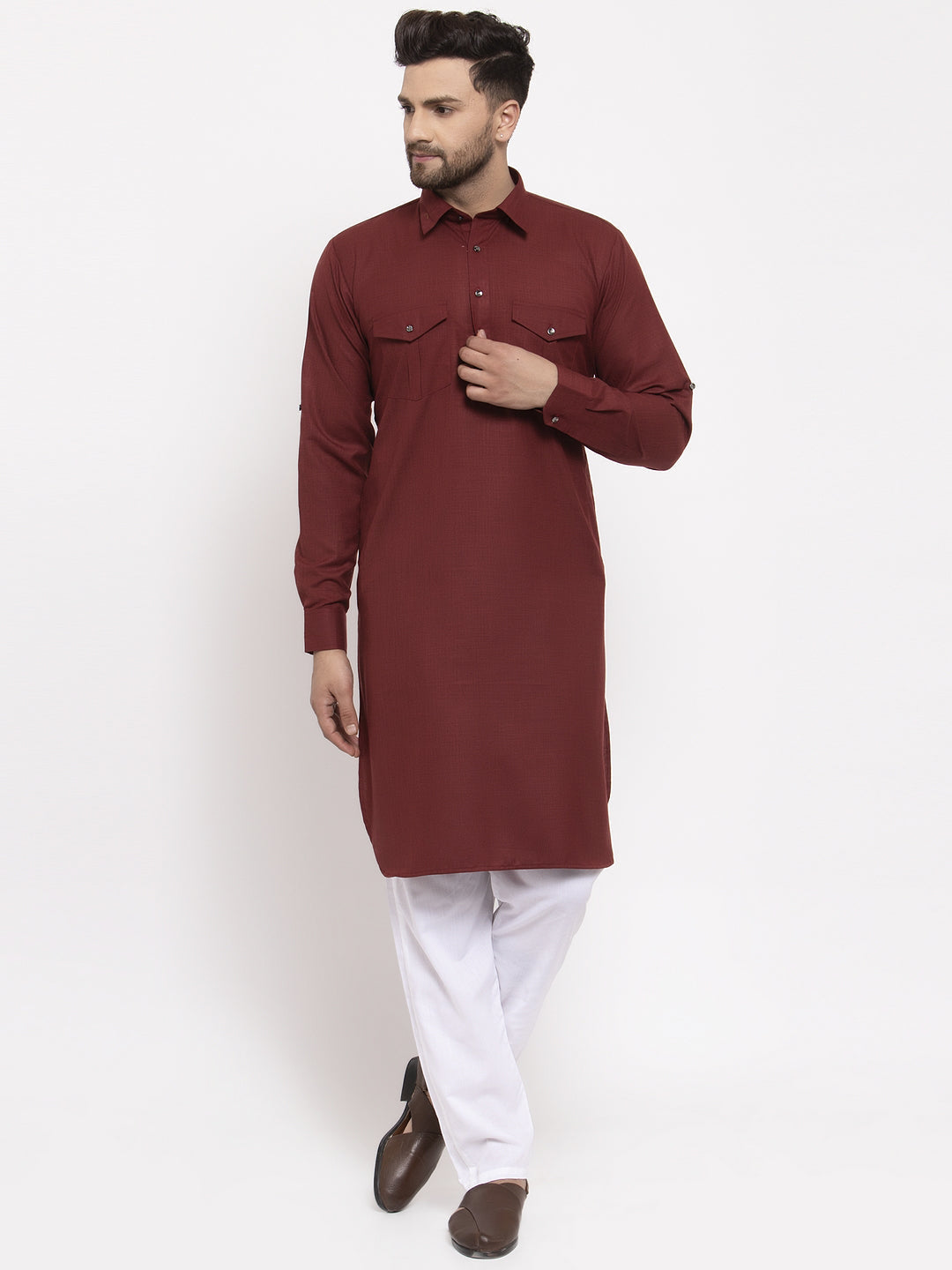 Jompers Men Maroon Solid Kurta with White Pyjamas | Grocsy