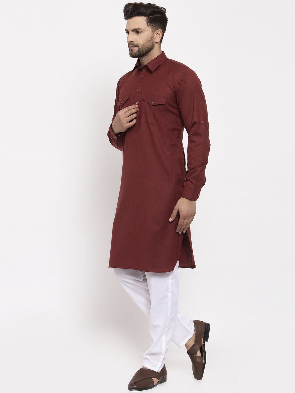 Jompers Men Maroon Solid Kurta with White Pyjamas | Grocsy