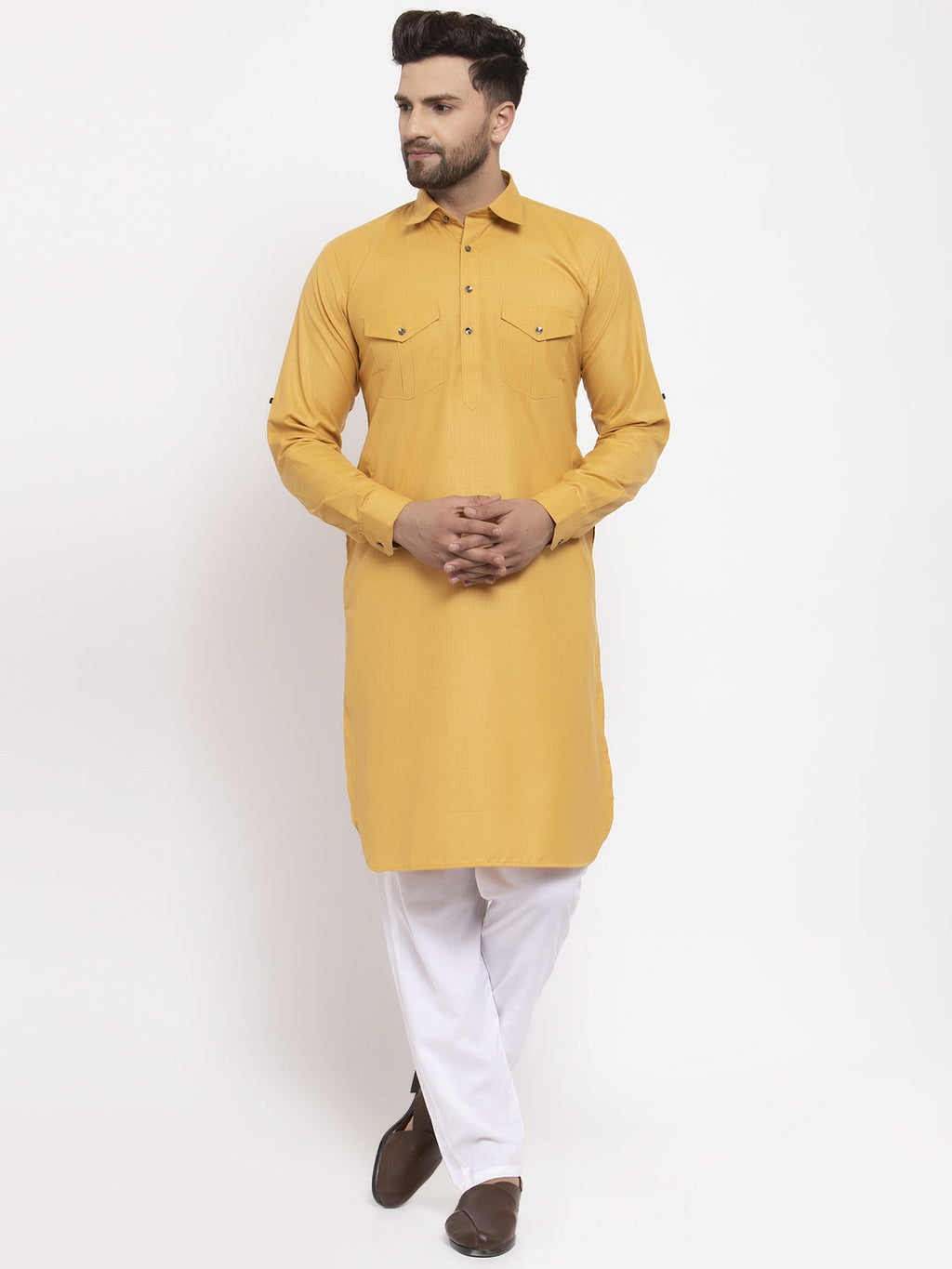Jompers Men Mustard Solid Kurta with White Pyjamas | Grocsy