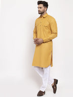 Jompers Men Mustard Solid Kurta with White Pyjamas | Grocsy