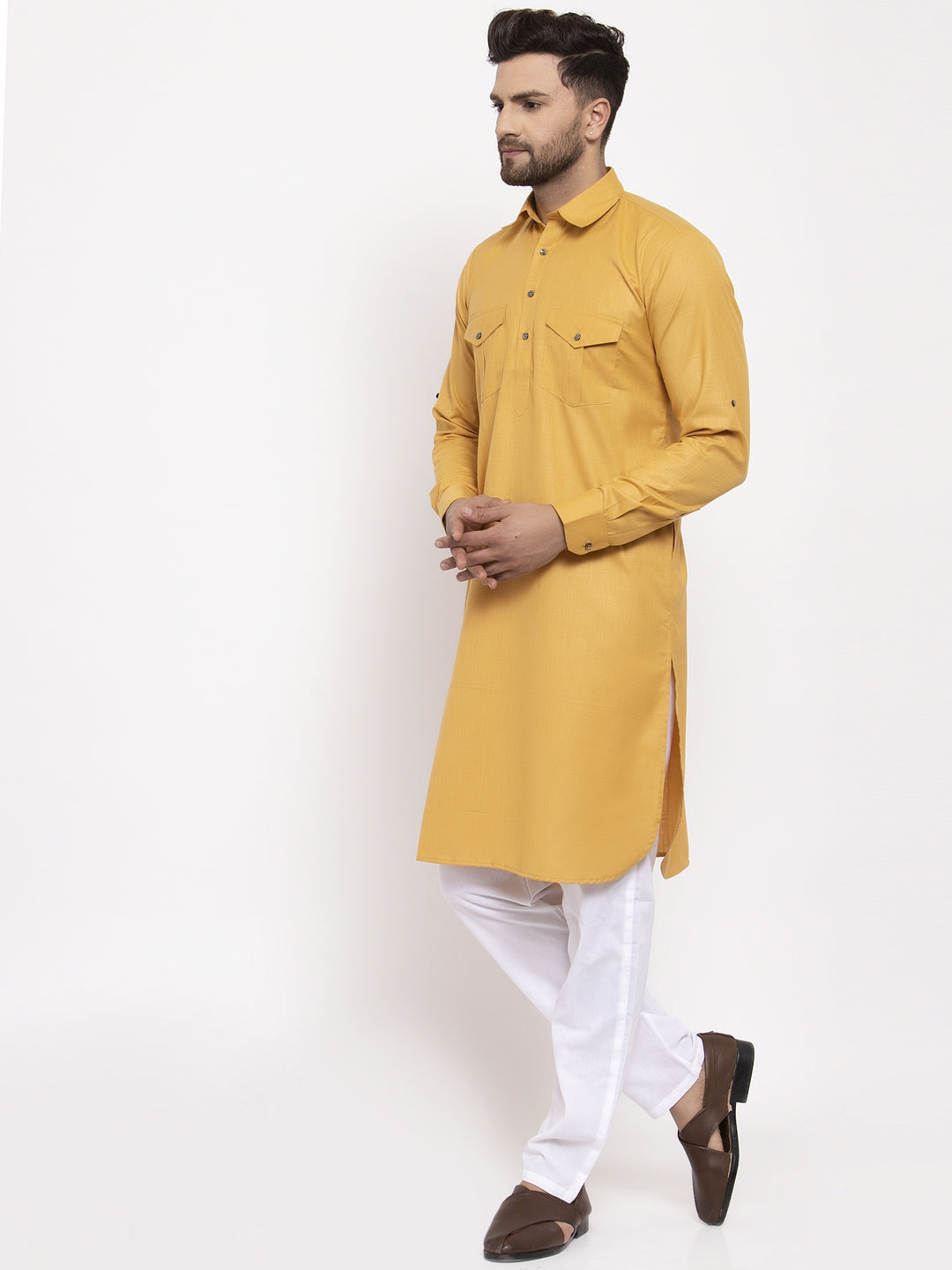 Jompers Men Mustard Solid Kurta with White Pyjamas | Grocsy