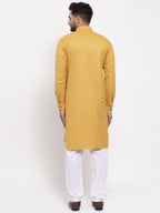 Jompers Men Mustard Solid Kurta with White Pyjamas | Grocsy