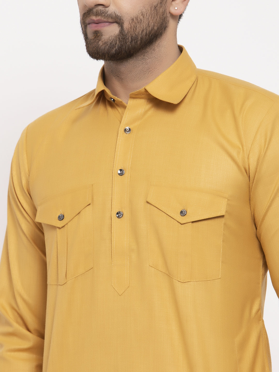 Jompers Men Mustard Solid Kurta with White Pyjamas | Grocsy