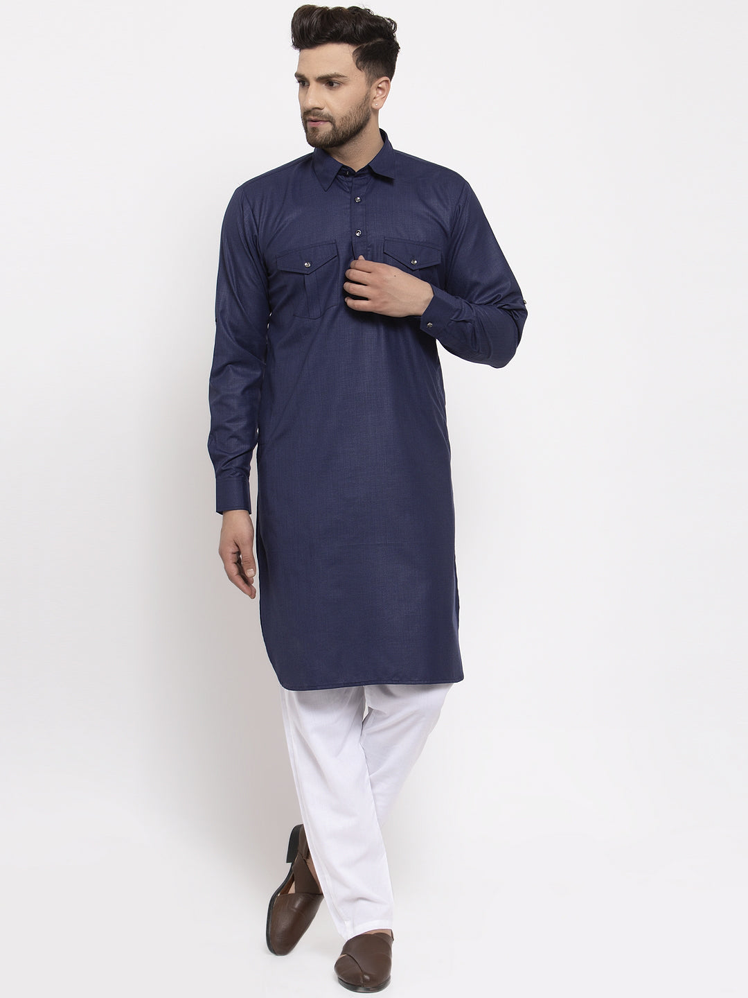 Jompers Men Navy-Blue Solid Kurta with White Pyjamas | Grocsy